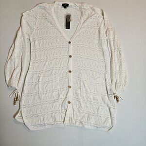 Belldini‎ Los Angeles 1X White Knit Hooded Cardigan NWT Boho Wood Bead Detail